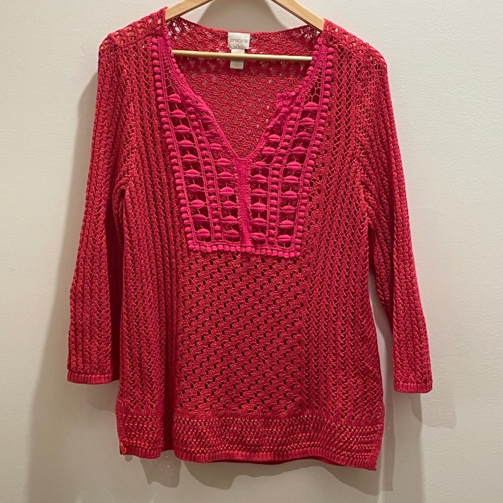 Chicos Red Open Knit Crochet Sweater 3/4 Sleeve Pointelle Pullover Size 2 L
